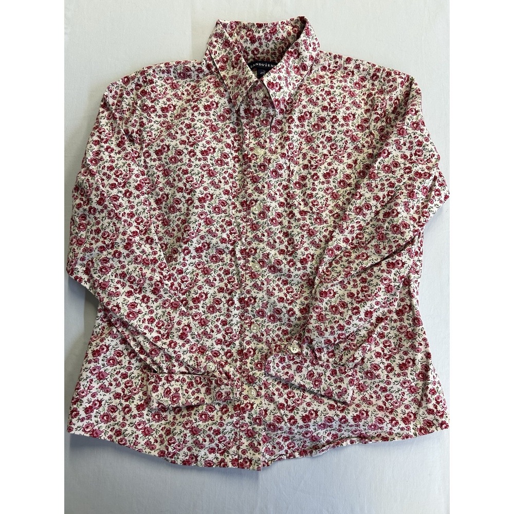 Vintage Y2K Lands' End Girls Size 14 Pink Ditsy Floral Button Front Cotton Shirt